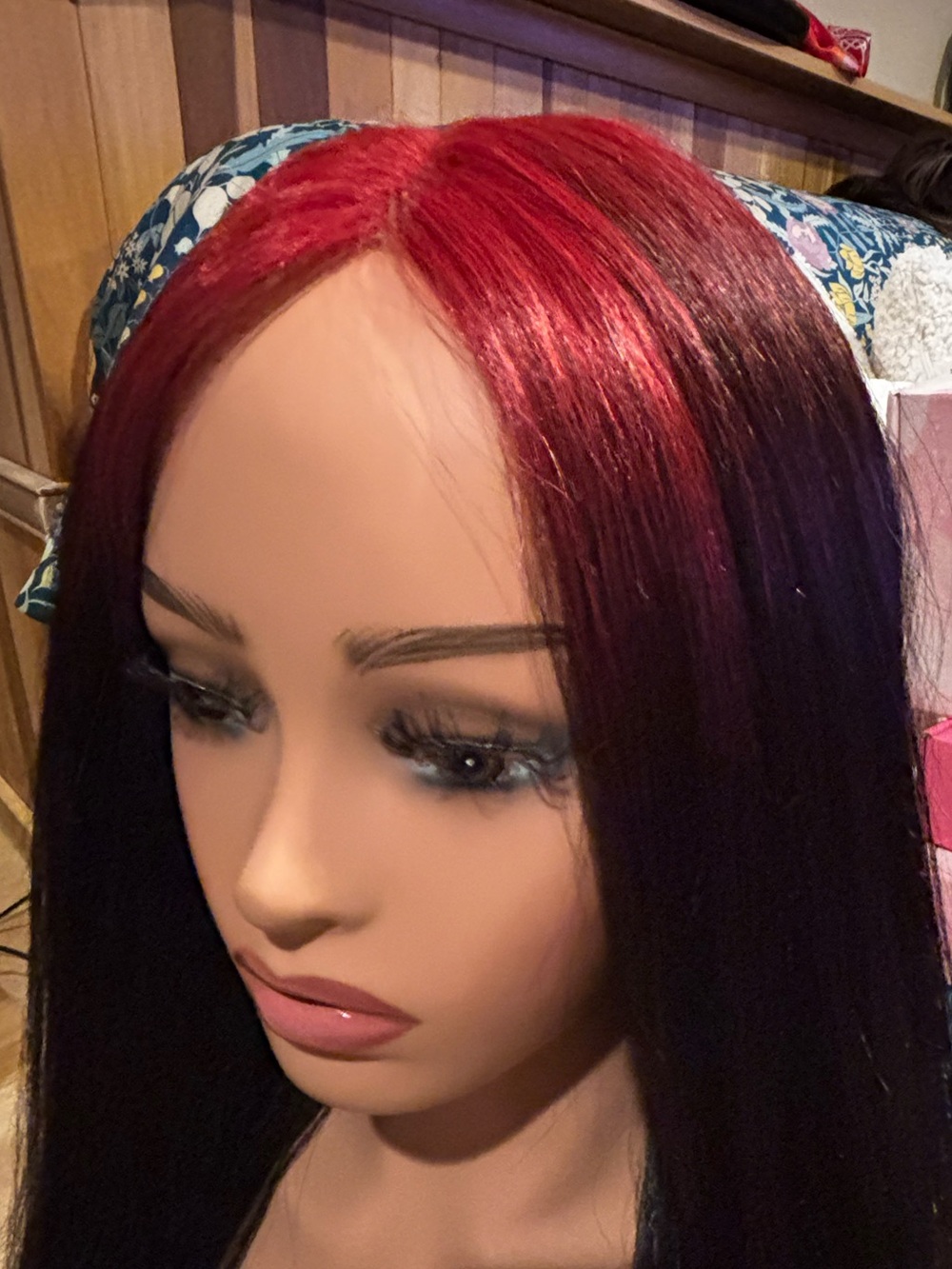 NELS Long Straight Black Wig with red Roots - Sleek Synthetic Lace Front